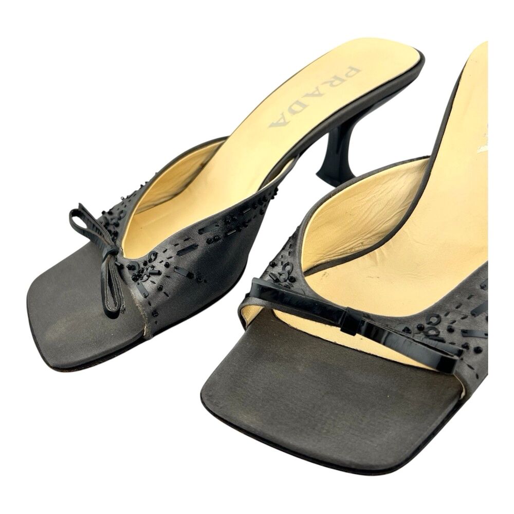PRADA Gray Satin Vintage 90s Kitten Heel Embellished Black Beading Eu 37.5 Us7.5